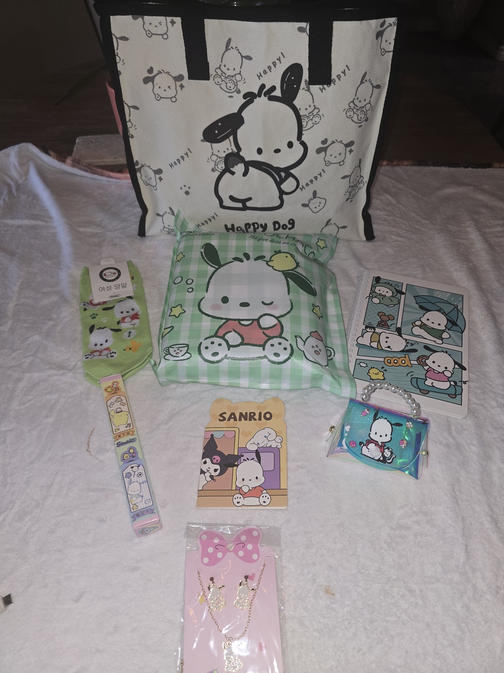 Sanrio Pochacco 8-Pc Mega Bundle! NEW Tablecloth Tote Bag Socks Journal Jewelry
